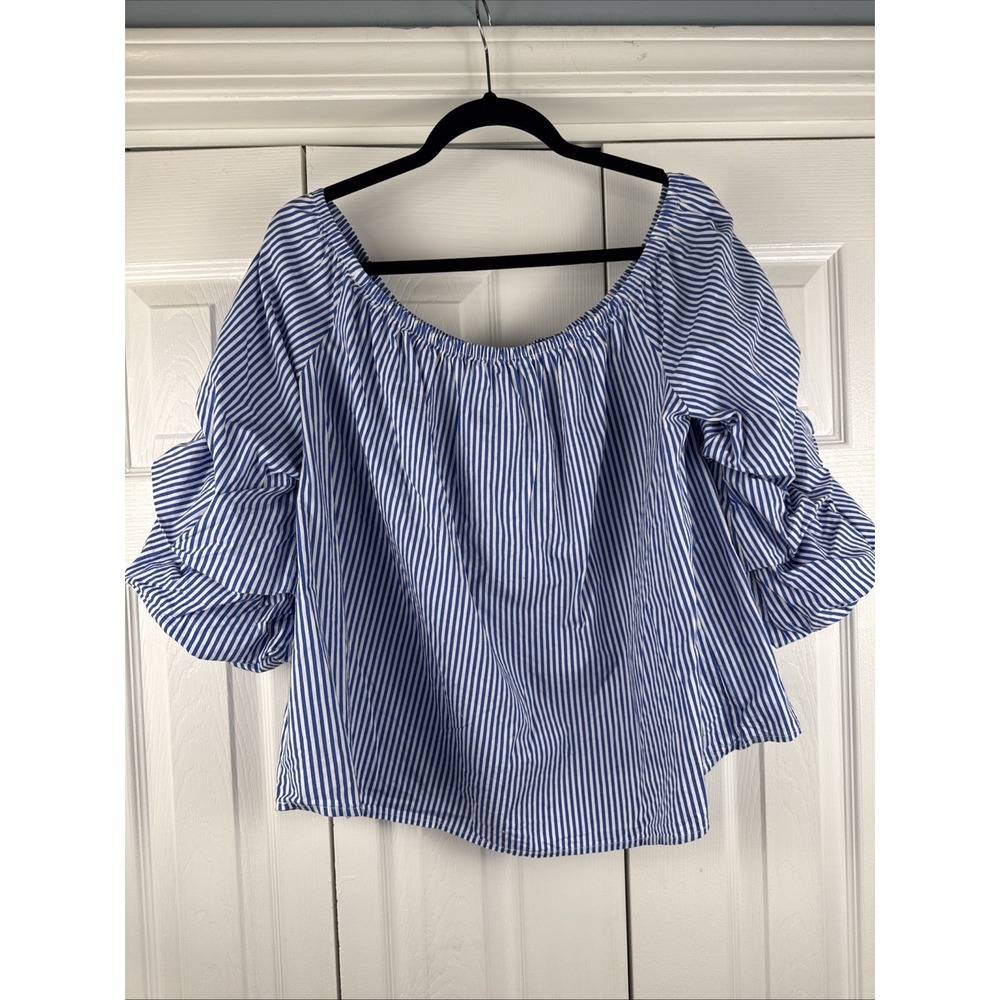 Ambiance Top Women's Size 1X Striped‎ Off Shoulder Blue And White Tiered Sleeves